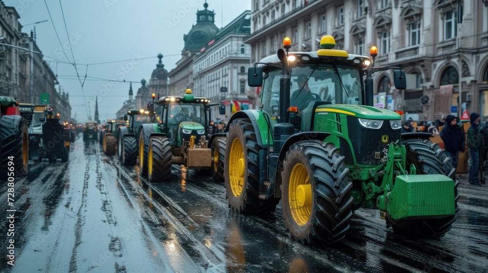 farmers gather in the city with their modern tractors during a strike, highlighting the clash of agricultural livelihoods against urban landscapes. farmers gather in the city with their modern tractors during a strike, highlighting the clash of agricultural livelihoods against urban landscapes.
