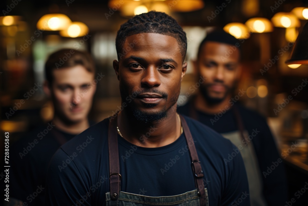 Obraz premium Team Inspiration: The Black Chef Stands Before His Team, Igniting Their Passion for Cooking and Nurturing a Culture of Excellence