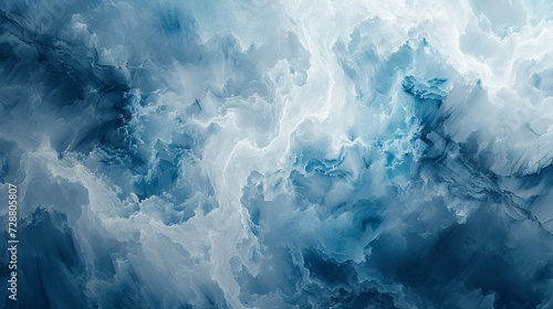 A marble slab with an abstract painting in shades of blue and white, resembling a cloudy sky. 