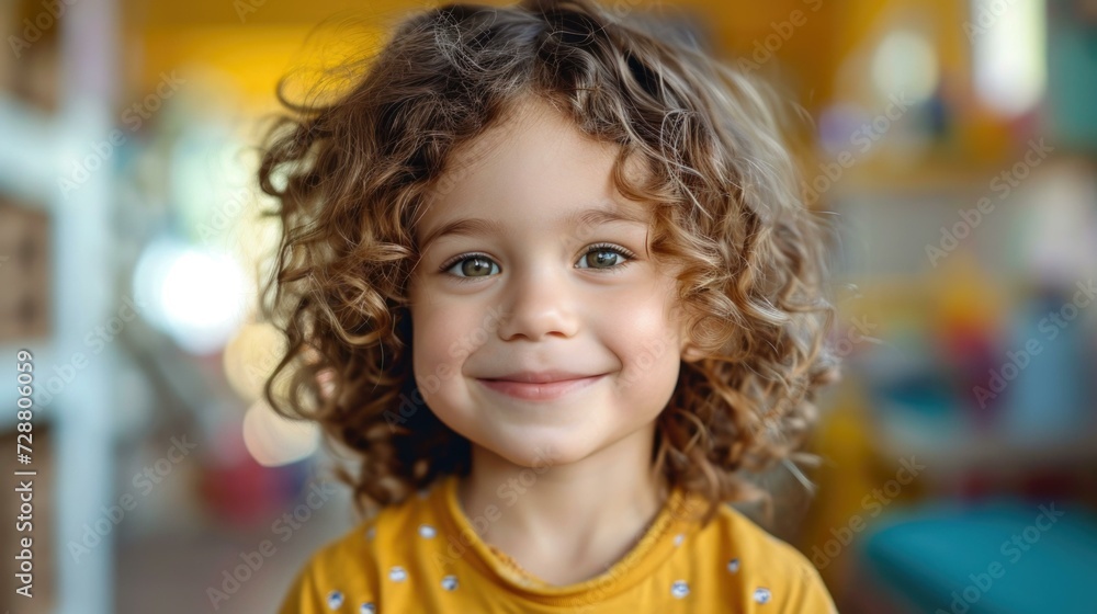 A little girl with curly hair smiling. Generative AI. A little girl with curly hair smiling. Generative AI.