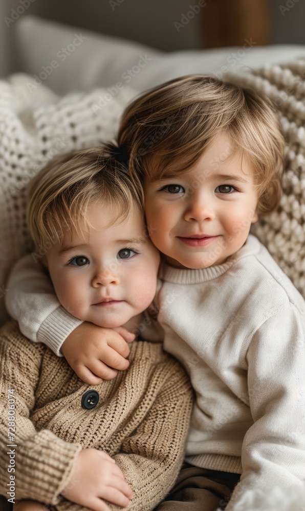 Two little boys are hugging in a blanket. Generative AI. Two little boys are hugging in a blanket. Generative AI.