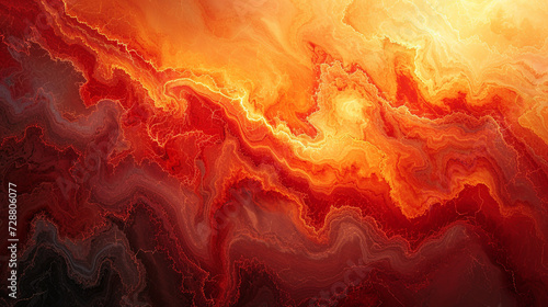 A marble slab with an abstract painting in shades of red and orange, resembling a fiery sunset. 