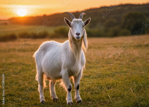 A goat stands in a field at sunset  during the golden hour.