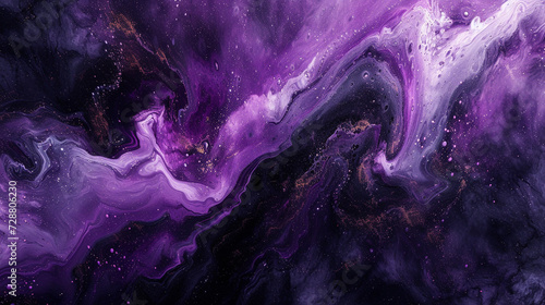 A marble slab with an abstract painting in shades of purple and black, resembling a mysterious galaxy.  photo