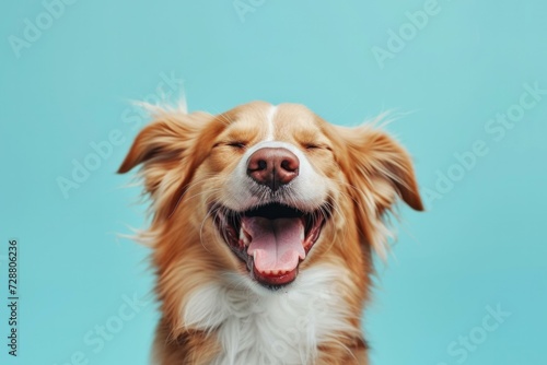 A dog is smiling and laughing in front of a blue background. Generative AI.