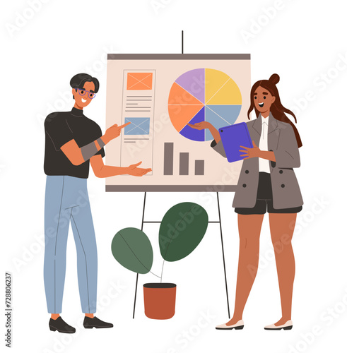 Working in office in team concept. Collaboration and cooperation. Brainstorm and discussion. Man and woman with graphs and diagrams. Cartoon flat vector illustration isolated on white background