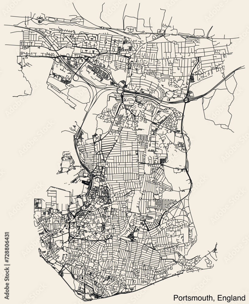 Fototapeta premium Detailed hand-drawn navigational urban street roads map of the United Kingdom city township of PORTSMOUTH, ENGLAND with vivid road lines and name tag on solid background