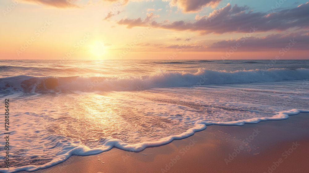 serene beach scene in Outlook, featuring fine sand, gentle waves, a clear sky, and a vibrant sunset, with attention to the textures of the sand and water, and a calming, tranquil mood
