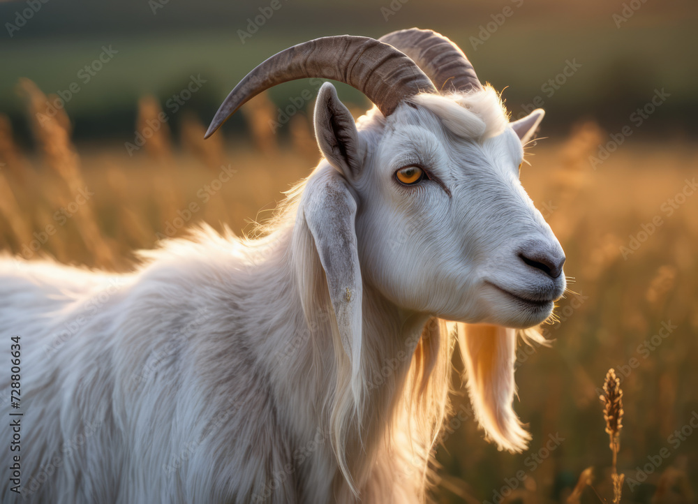 A goat stands in a field at sunset, during the golden hour.