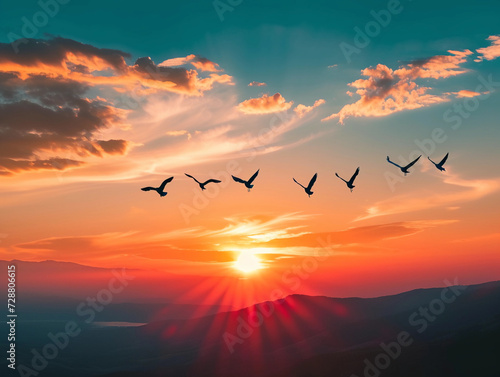 birds flying in a V-formation across a stunning sunset, symbolizing unity and freedom in the natural world