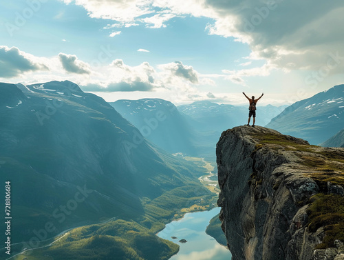 standing on a cliff edge, facing a vast panorama of a valley, with arms raised high, feeling liberated and free © Marco Attano