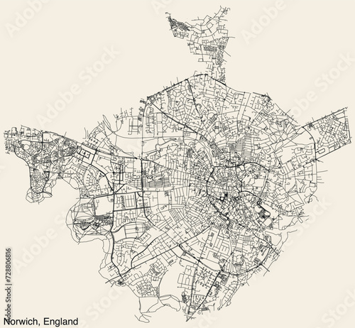 Detailed hand-drawn navigational urban street roads map of the United Kingdom city township of NORWICH, ENGLAND with vivid road lines and name tag on solid background