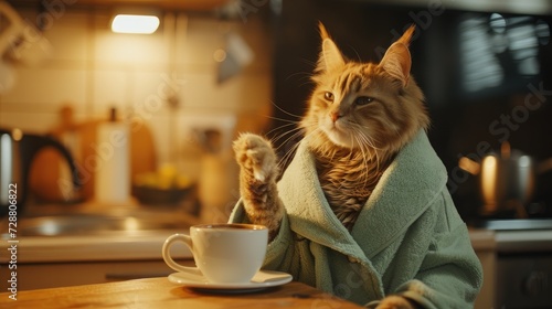 a cat dressed in a bathrobe enjoying a cup of coffee in the kitchen, radiating warmth and relaxation in a domestic setting.