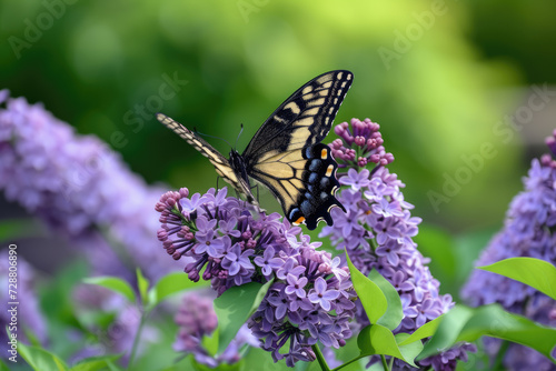 butterfly on a lilac bush, with purple flowers and green leaves