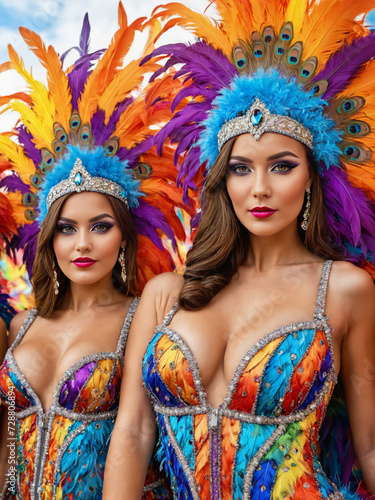 Vibrant Carnival Extravaganza: Captivating Portrait of a Group of Seductive Women in Colorful Sumptuous Feather Suits and Carnival Costumes - Sensual Festive Atmosphere, Exotic Beauty, Masquerade