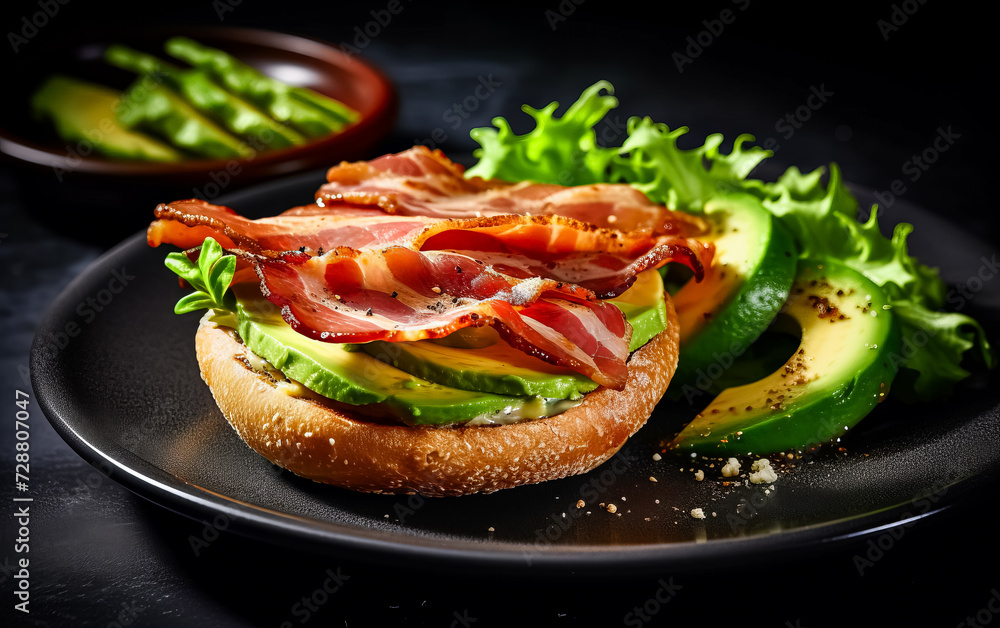 a delectable burger featuring prosciutto, cream cheese, avocado, and lettuce. a delectable burger featuring prosciutto, cream cheese, avocado, and lettuce.