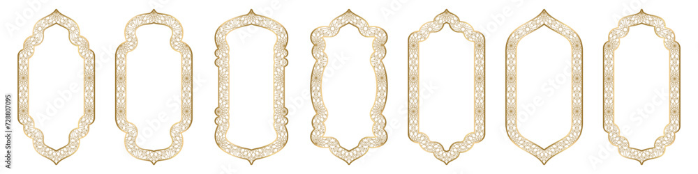 Gold arch frame shape Islamic door or window with geometric girikh pattern, silhouette Arabic arch. Collection in oriental style. Frames in Arabic Muslim design for Ramadan Kareem. Vector illustration - obrazy, fototapety, plakaty 