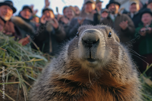 close-up of a groundhog as it emerges from its burrow on Groundhog Day
