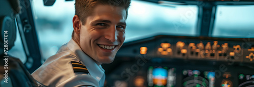 Caucasian male airplane captain wearing uniform in cockpit. photo