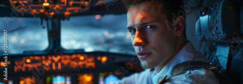 Caucasian male airplane captain wearing uniform in cockpit.