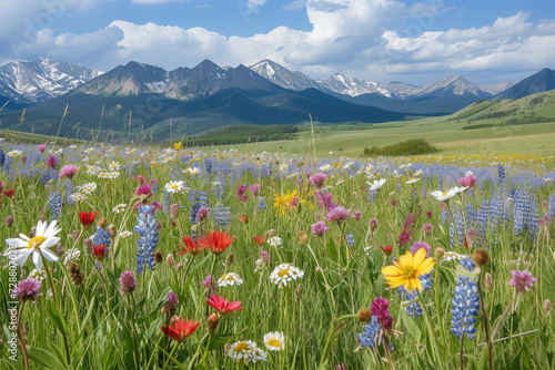 field of wildflowers in the spring, with a mountain range in the background