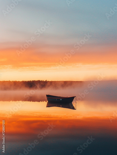 small boat sailing on a calm lake at dawn, surrounded by fog, conveying a peaceful sense of freedom © Marco Attano