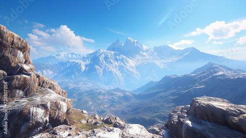 mountaintop view, with crisp details of rugged terrain, snow-capped peaks in the distance, clear blue sky, and dynamic lighting casting long shadows, conveying a sense of adventure and majesty