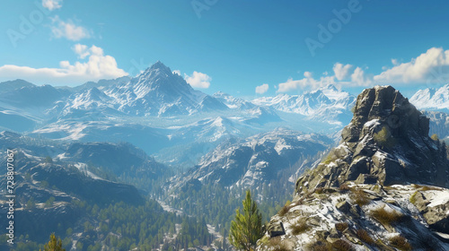 mountaintop view  with crisp details of rugged terrain  snow-capped peaks in the distance  clear blue sky  and dynamic lighting casting long shadows  conveying a sense of adventure and majesty