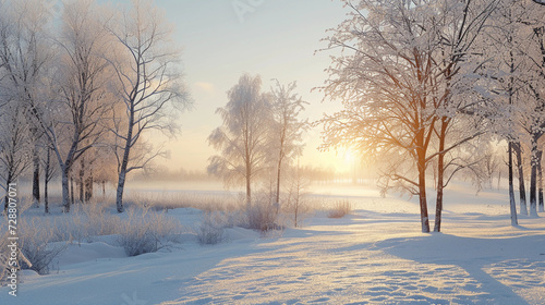 winter scene in Outlook, featuring a snow-covered landscape, bare trees with detailed frost, a soft winter sun, and a clear sky, capturing the serene and quiet essence of a winter morning © Marco Attano