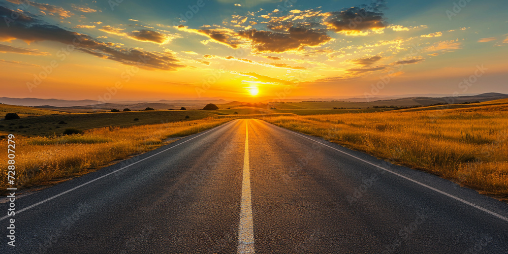 open road stretching into the horizon through a scenic landscape, symbolizing the journey to freedom, during a golden sunset