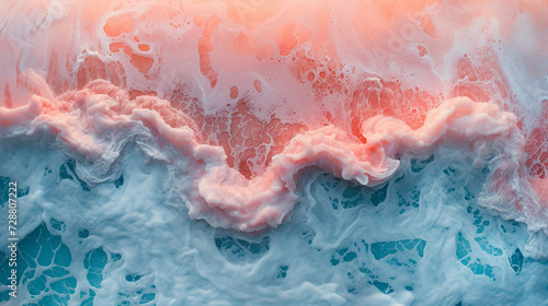 A nostalgic and sentimental abstract painting on a marble slab with pastel pink and light blue colors, resembling a sunset over the beach. 
