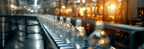 Machines are transporting glass bottles on a conveyor belt inside the factory.