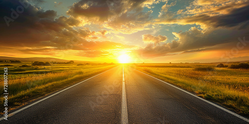 open road stretching into the horizon through a scenic landscape, symbolizing the journey to freedom, during a golden sunset