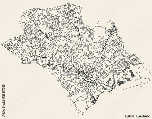 Detailed hand-drawn navigational urban street roads map of the United Kingdom city township of LUTON, ENGLAND with vivid road lines and name tag on solid background
