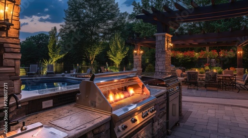 an outdoor barbecue grill as flames dance around succulent meats and vegetables, evoking the mouthwatering aroma of grilled delicacies in the open air.