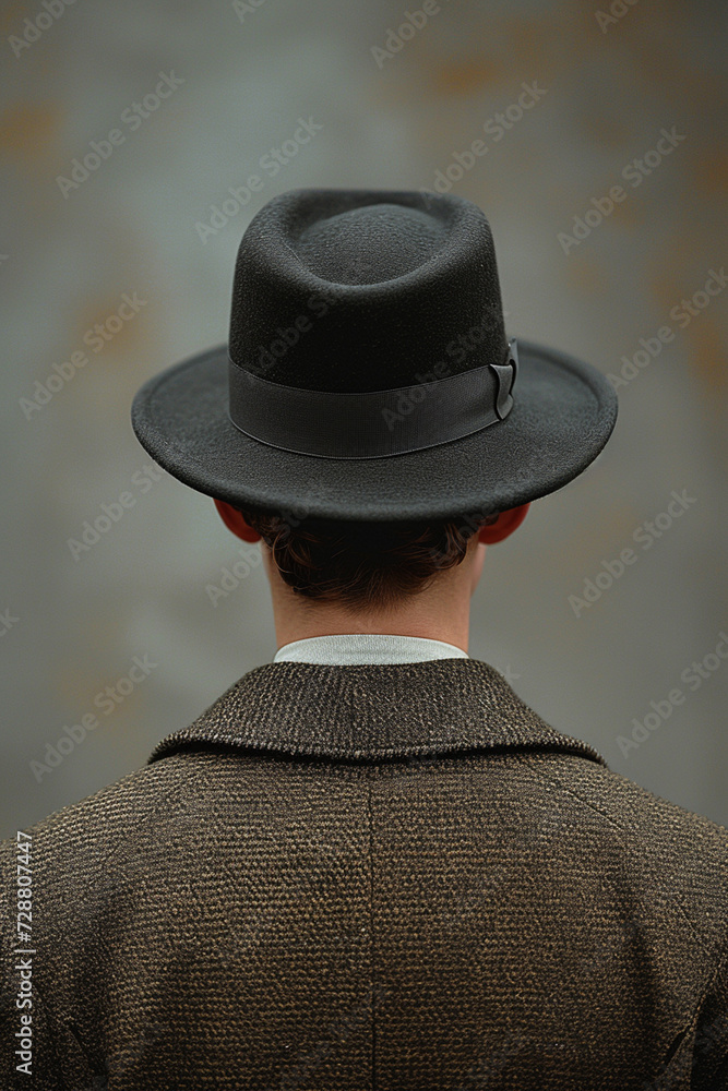 Rear view on stylish man wearing in 19th century times victorian clothes and hat Rear view on stylish man wearing in 19th century times victorian clothes and hat