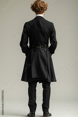 Rear view on stylish man wearing in 19th century times victorian clothes