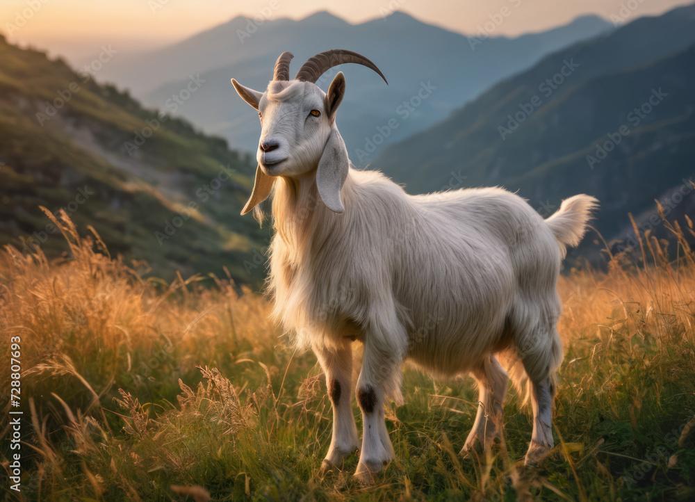 A goat stands in a field at sunset, during the golden hour.