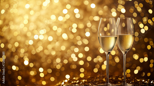 Set of two white wine glasses set on a background of sparkling gold flecks.