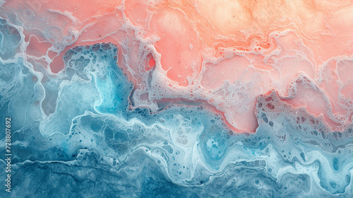 A nostalgic and sentimental abstract painting on a marble slab with pastel pink and light blue colors, resembling a sunset over the beach. 