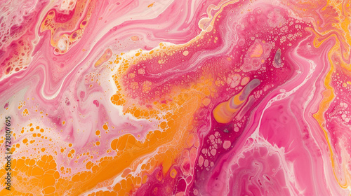 A playful and whimsical abstract painting on a marble slab with pink and yellow colors, resembling a candyland. 
