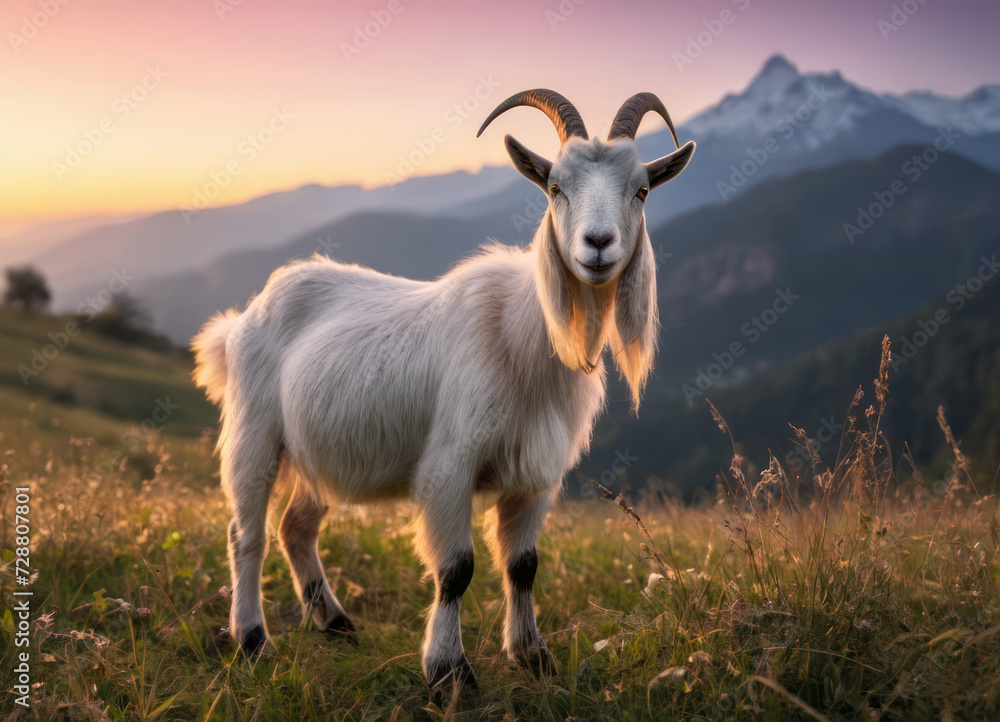 Obraz premium A goat stands in a field at sunset, during the golden hour.