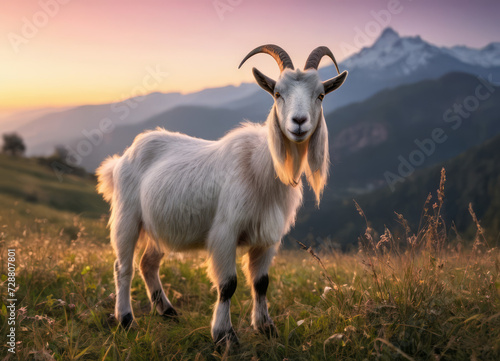 A goat stands in a field at sunset, during the golden hour. © Andrey