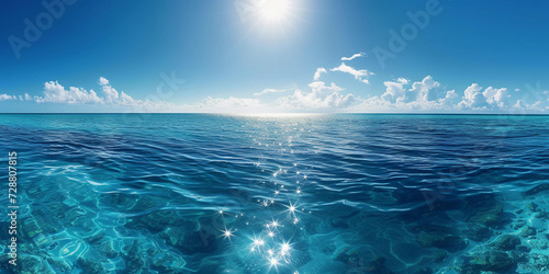 boundless ocean under a clear blue sky  symbolizing freedom  with sunlight reflecting on the water s surface  creating a serene and tranquil scene