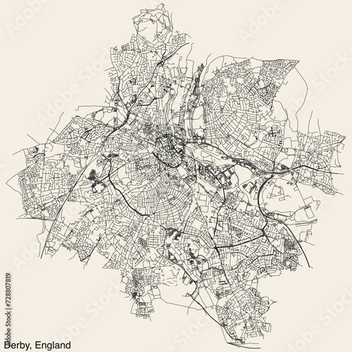 Detailed hand-drawn navigational urban street roads map of the United Kingdom city township of DERBY, ENGLAND with vivid road lines and name tag on solid background