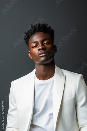 Young handsome model wearing a white suit jacket over a T-shirt © Matthew
