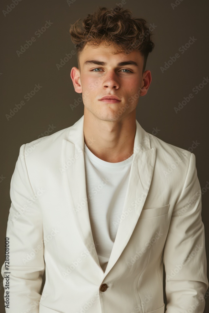 Obraz premium A Professional portrait model of a white young man wearing a white suit and a T-shirt 