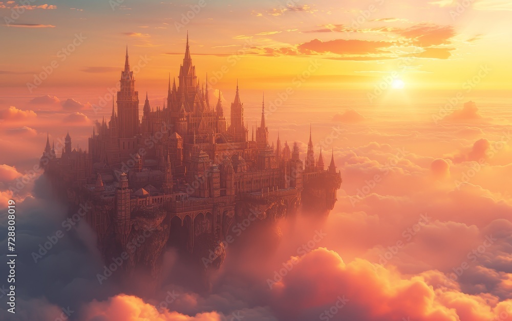 Majestic imaginary castle floating above the clouds during a breathtaking sunset, invoking a sense of wonder and fantasy.