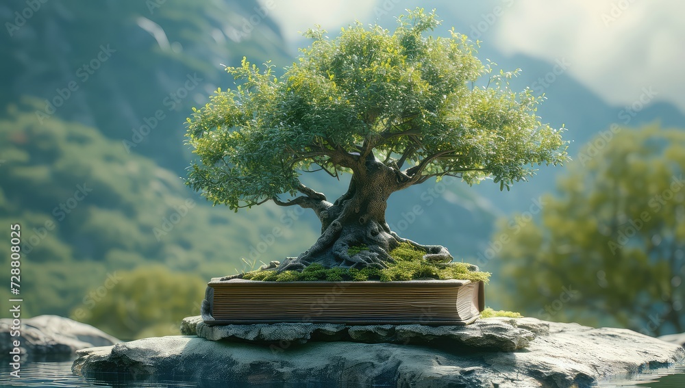 a bonsai tree on a book, in the style of mythology-inspired, clear edge definition, reverent and tranquil, spectacular show of ages, studyplace, calculated, unreal engine - obrazy, fototapety, plakaty 