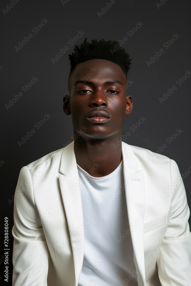 A professional portrait of a black young man wearing a white suit jacket over a T-shirt A professional portrait of a black young man wearing a white suit jacket over a T-shirt